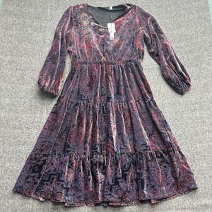 T Tahari Dress Womens XS Paisley Burnout Velvet Tiered Midi